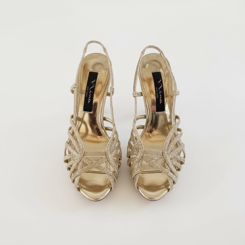 Nina Fonda Gold Glitter Strappy Platform Heels | Size 6 Slingback Dress Shoes - Picture 4 of 11